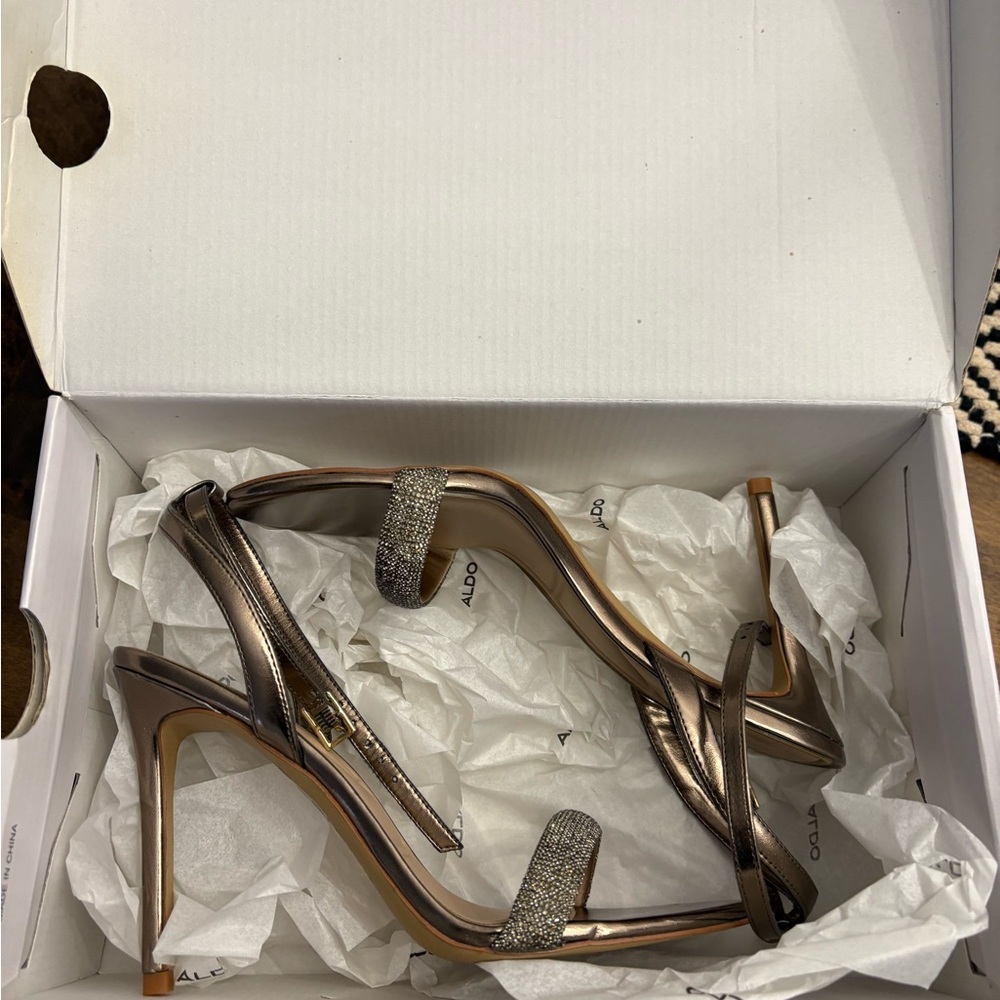 Aldo Bronze Metallic Slingback Heels with Crystal Toe Band